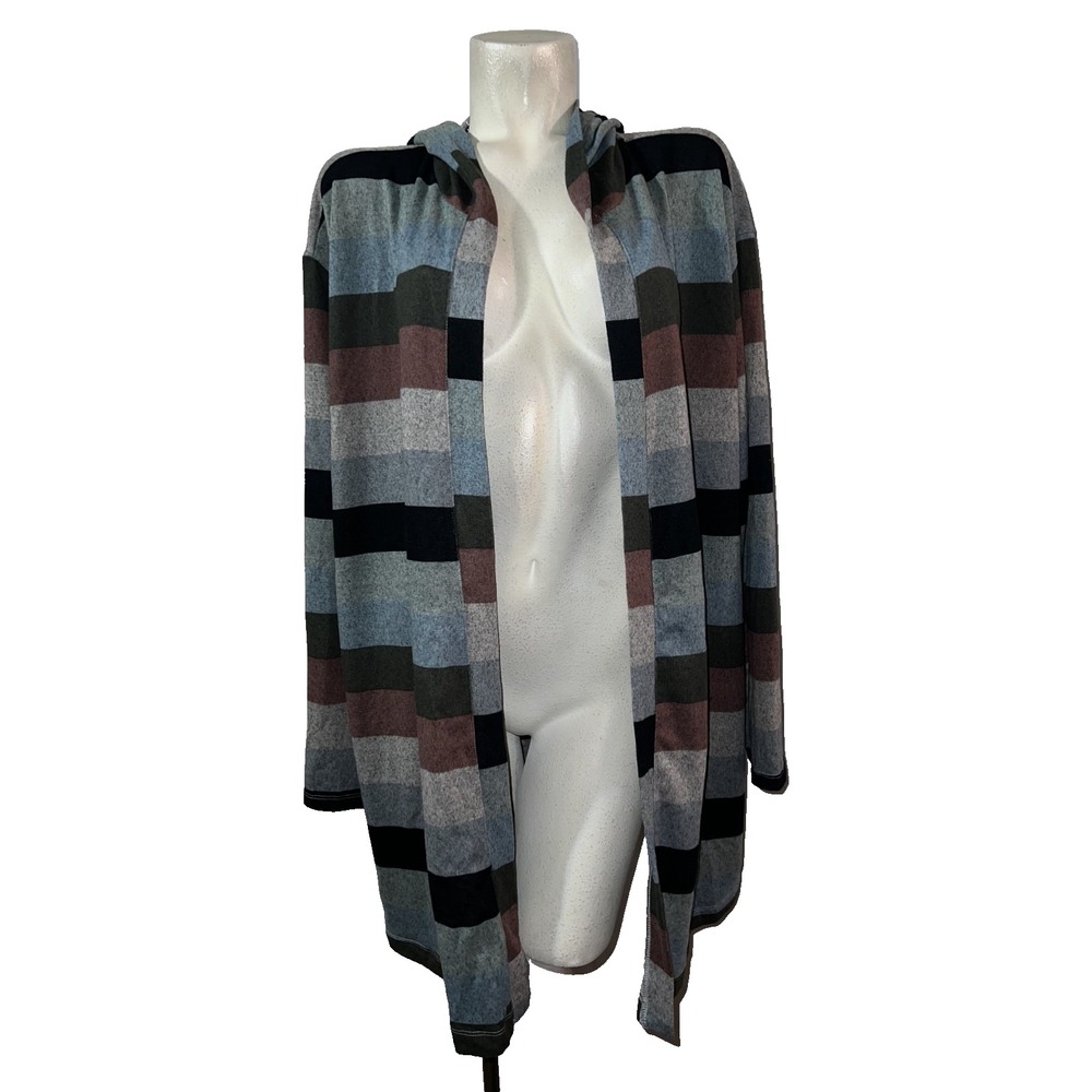 Tru Self Womens Striped Hooded‎ Open Cardigan Blue Grey Burgundy Size 3X NEW
